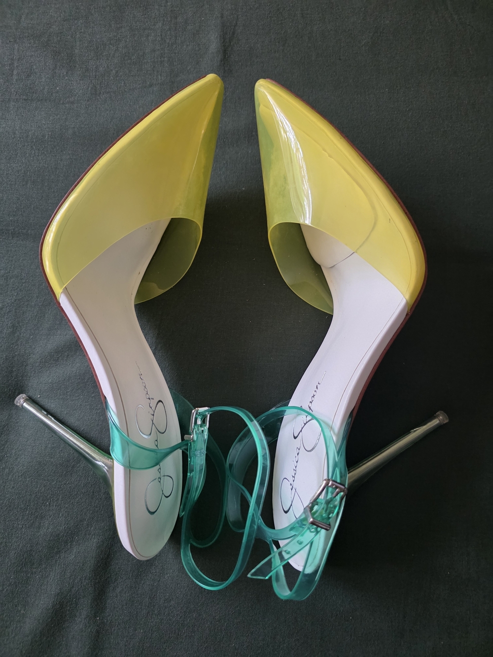 Jessica Simpson PVC Yellow Pointed-Toe Pumps with Teal Ankle Straps